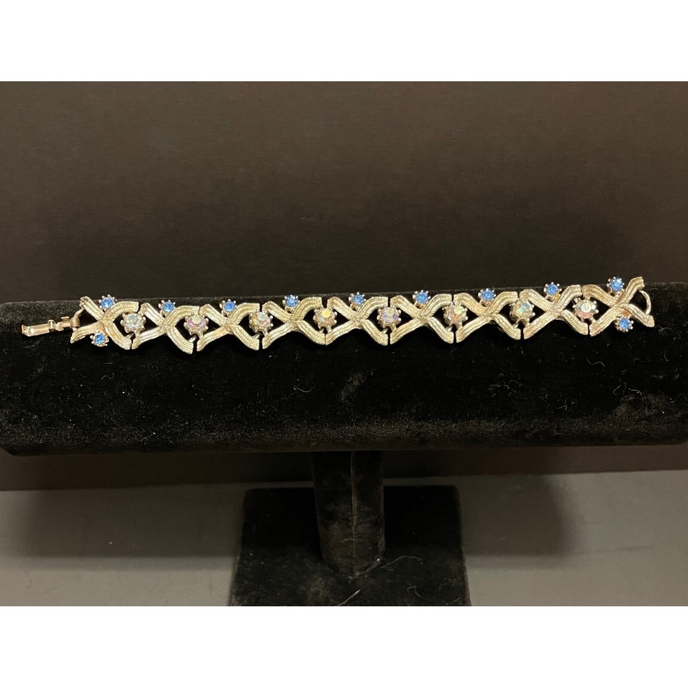Vintage Bracelet with Silver Tone Chain Blue and Pink Purple Rhinestones